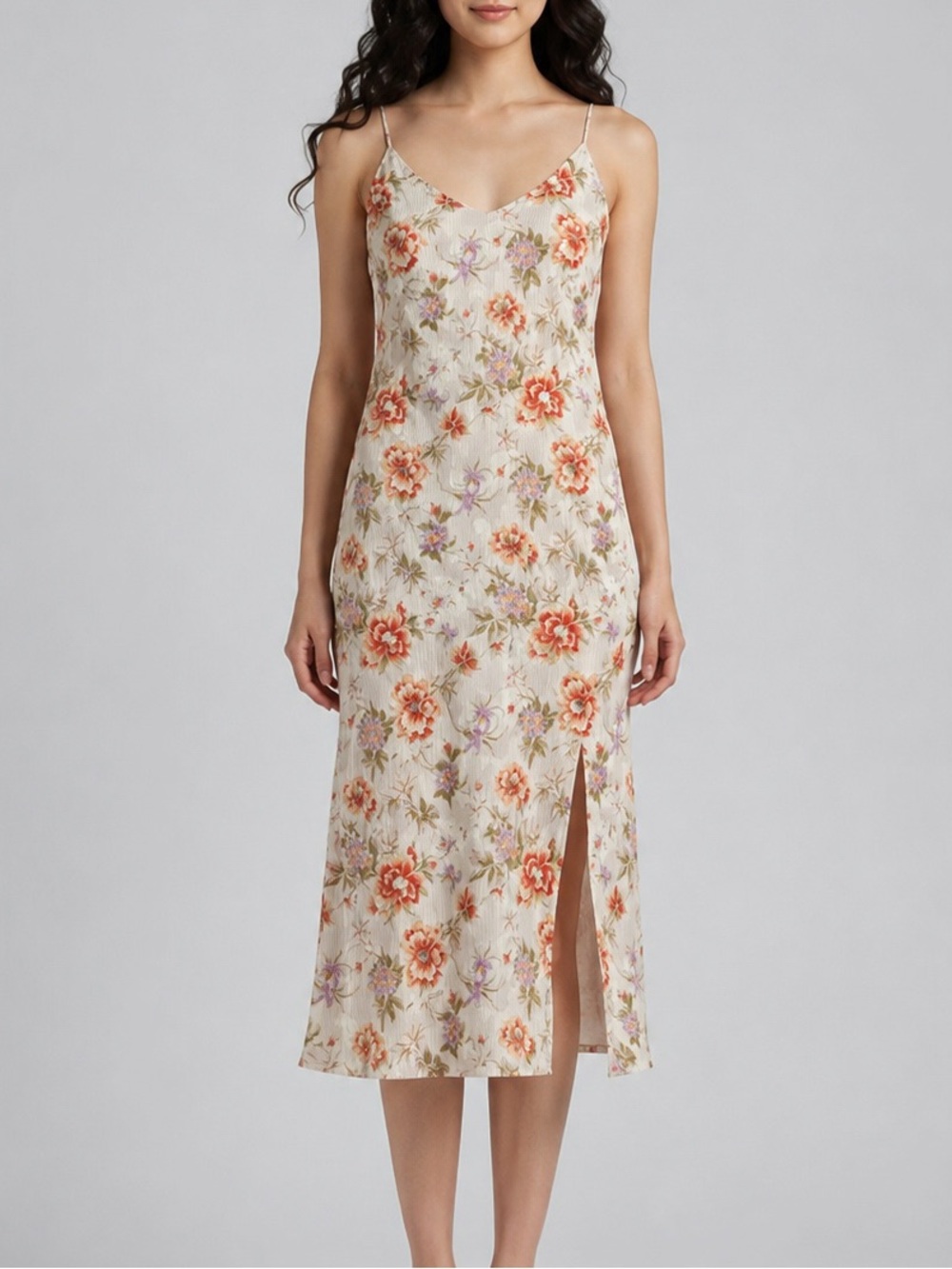 American Eagle Woman Cream Floral Slip Midi Dress MEDIUM Romantic Cottagecore